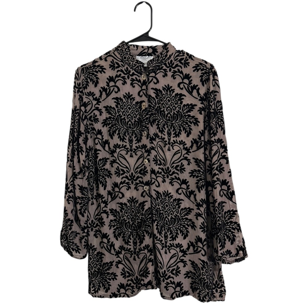 Anis.A USA Vintage Black Taupe  Silk Burnout Velvet Blouse Damask Sheer Womens S